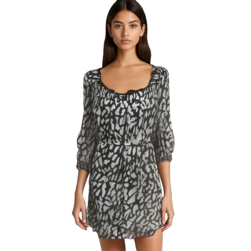 Diane Von Furstenberg Animal Print Mini Dress Size Large Green Black Boho Indie